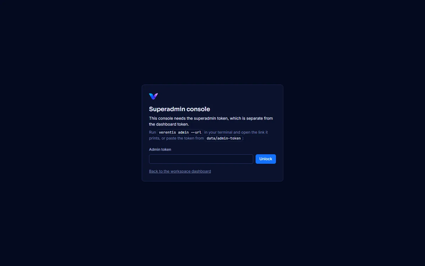 The console’s locked screen, asking for the admin token