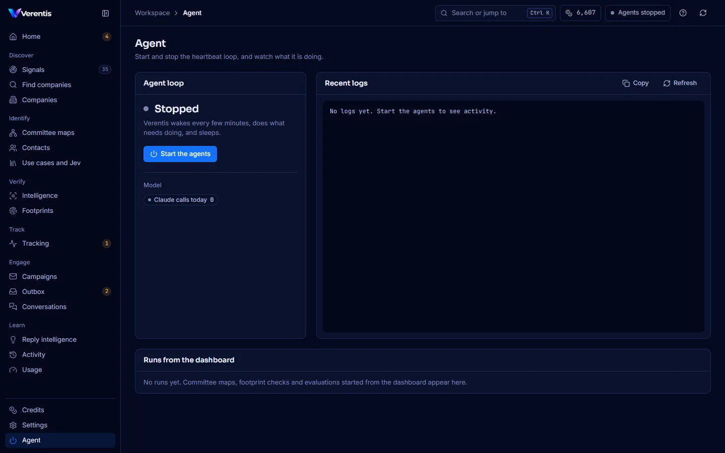 The Agent page: the loop, recent logs and runs from the dashboard