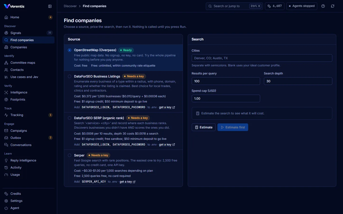 Find companies, with the providers on the left and the search on the right