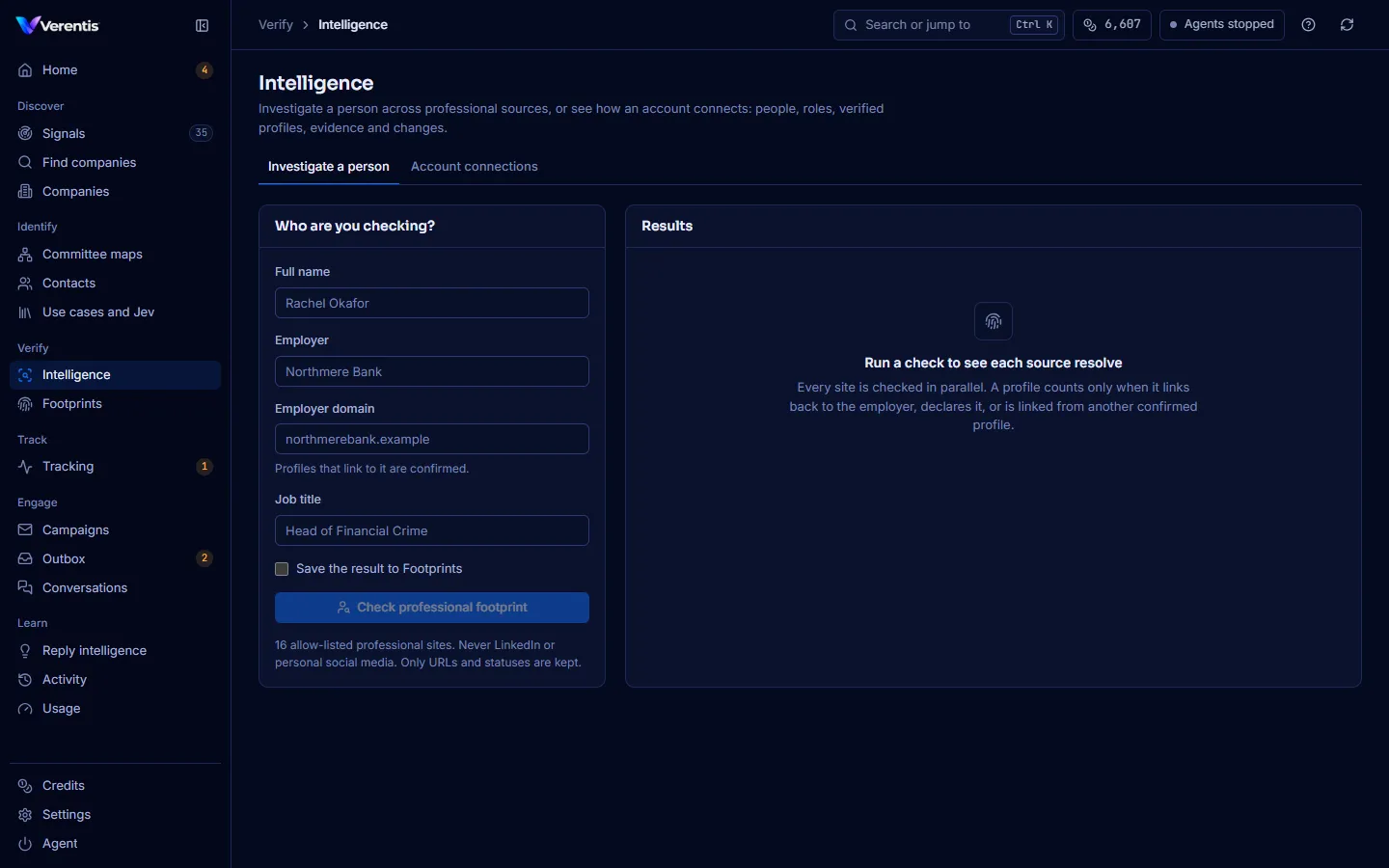 Investigate a person: who you are checking on the left, results on the right