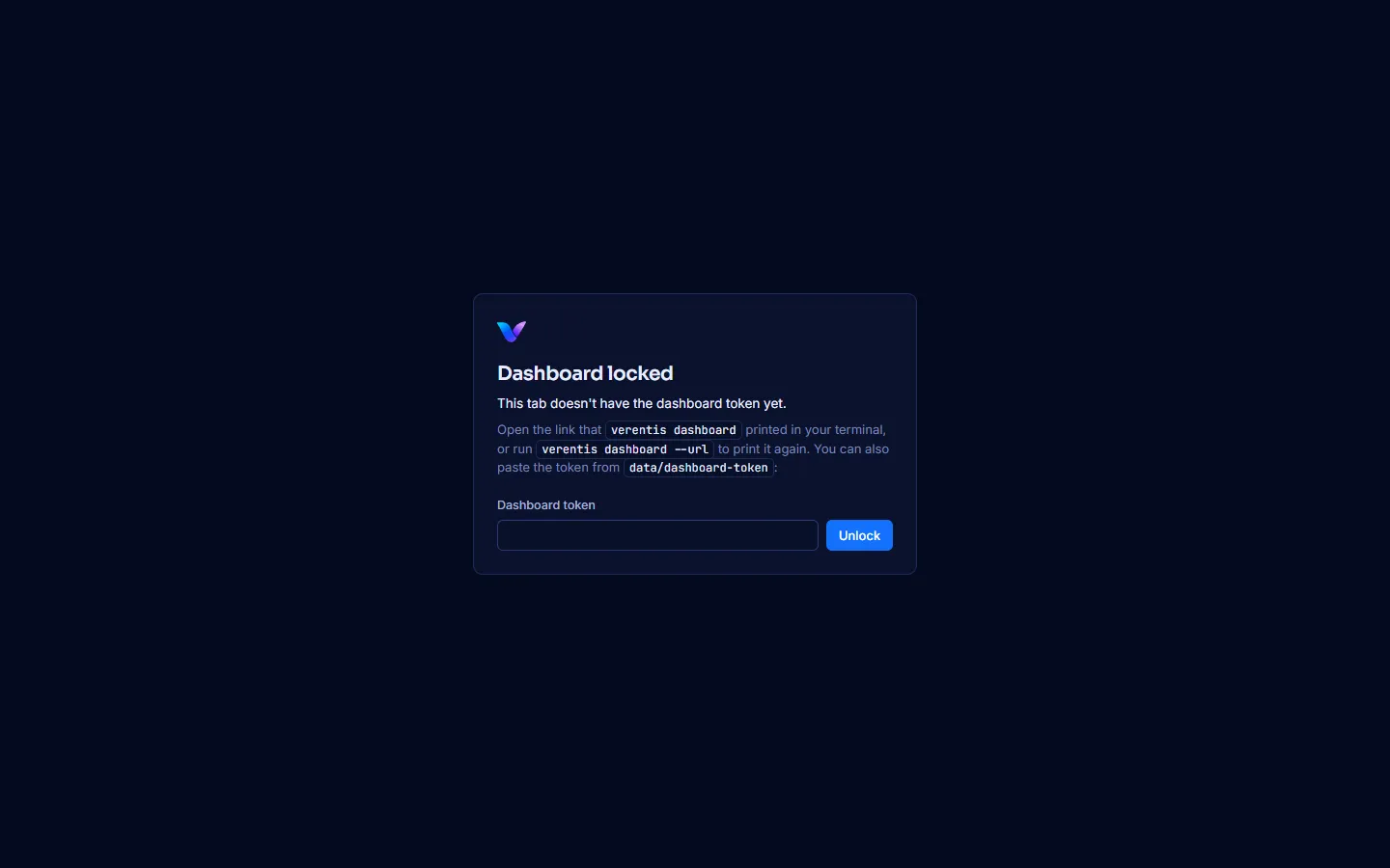 The locked screen, shown when a tab has no dashboard token
