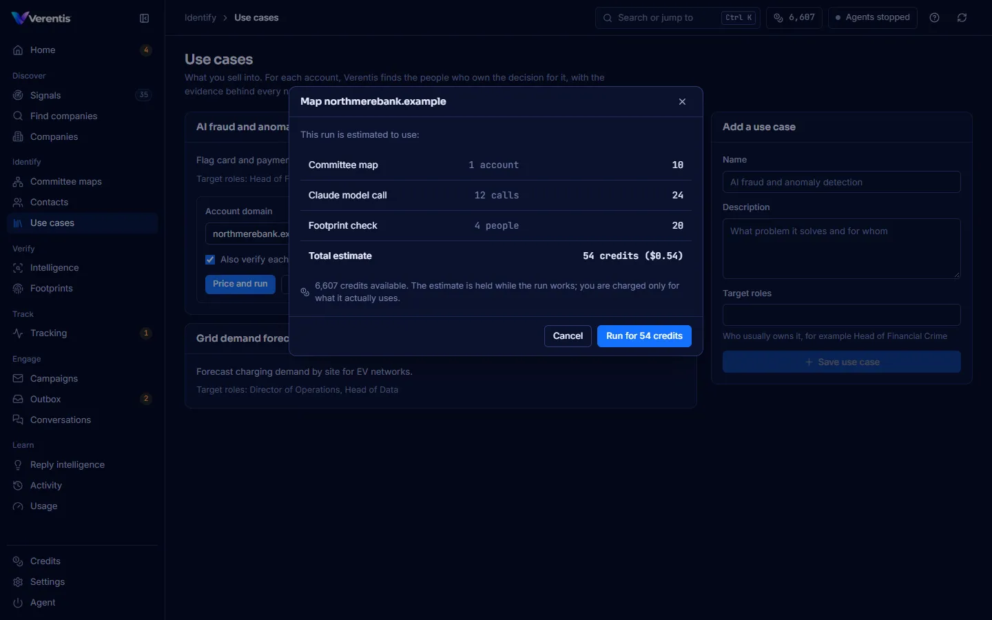 The confirm dialog: each paid step, the total estimate, and the credits available