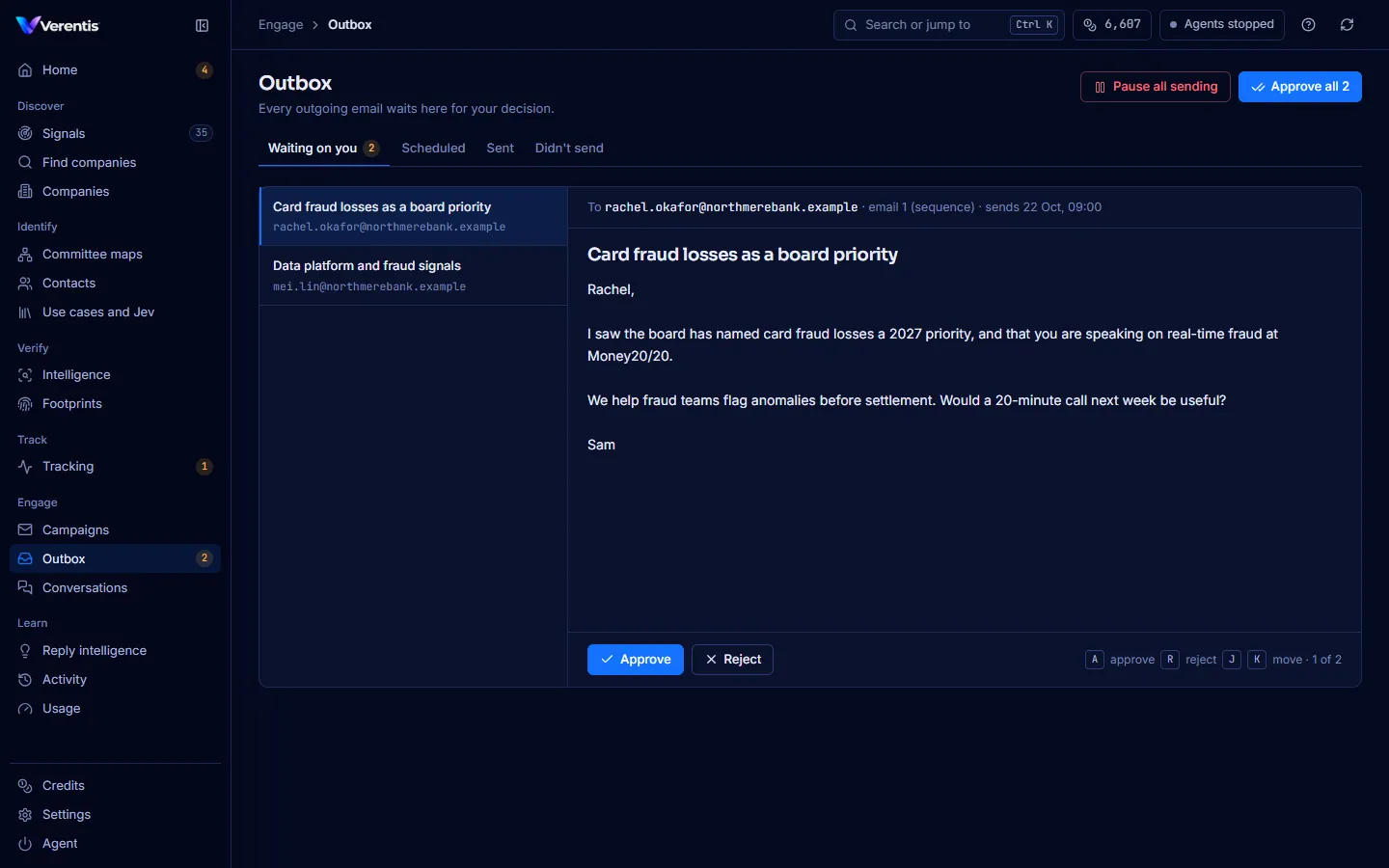 The Outbox: the queue on the left, one email at a time on the right