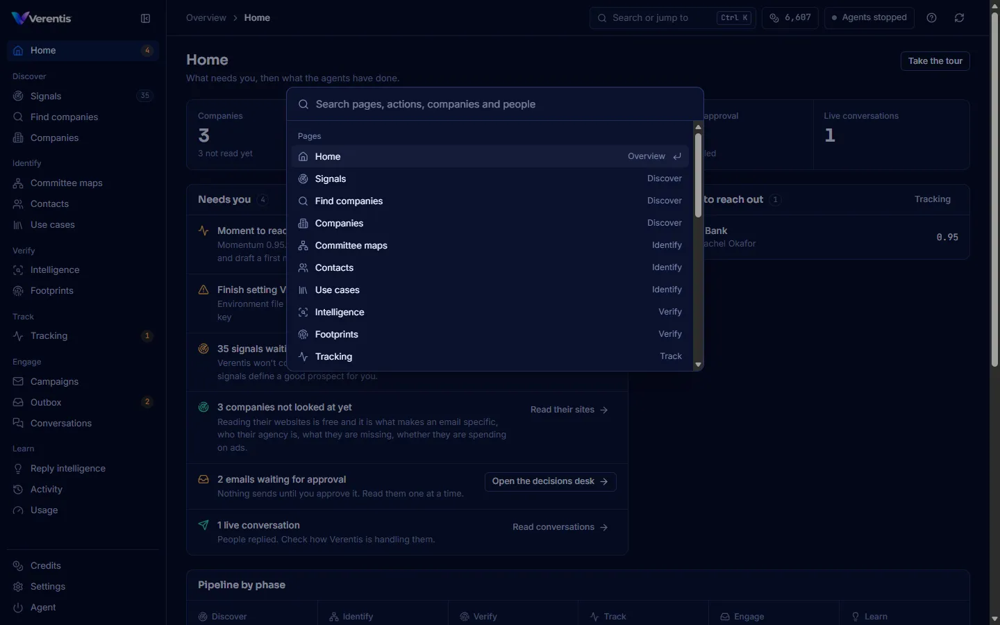 The command palette, listing pages with their phase