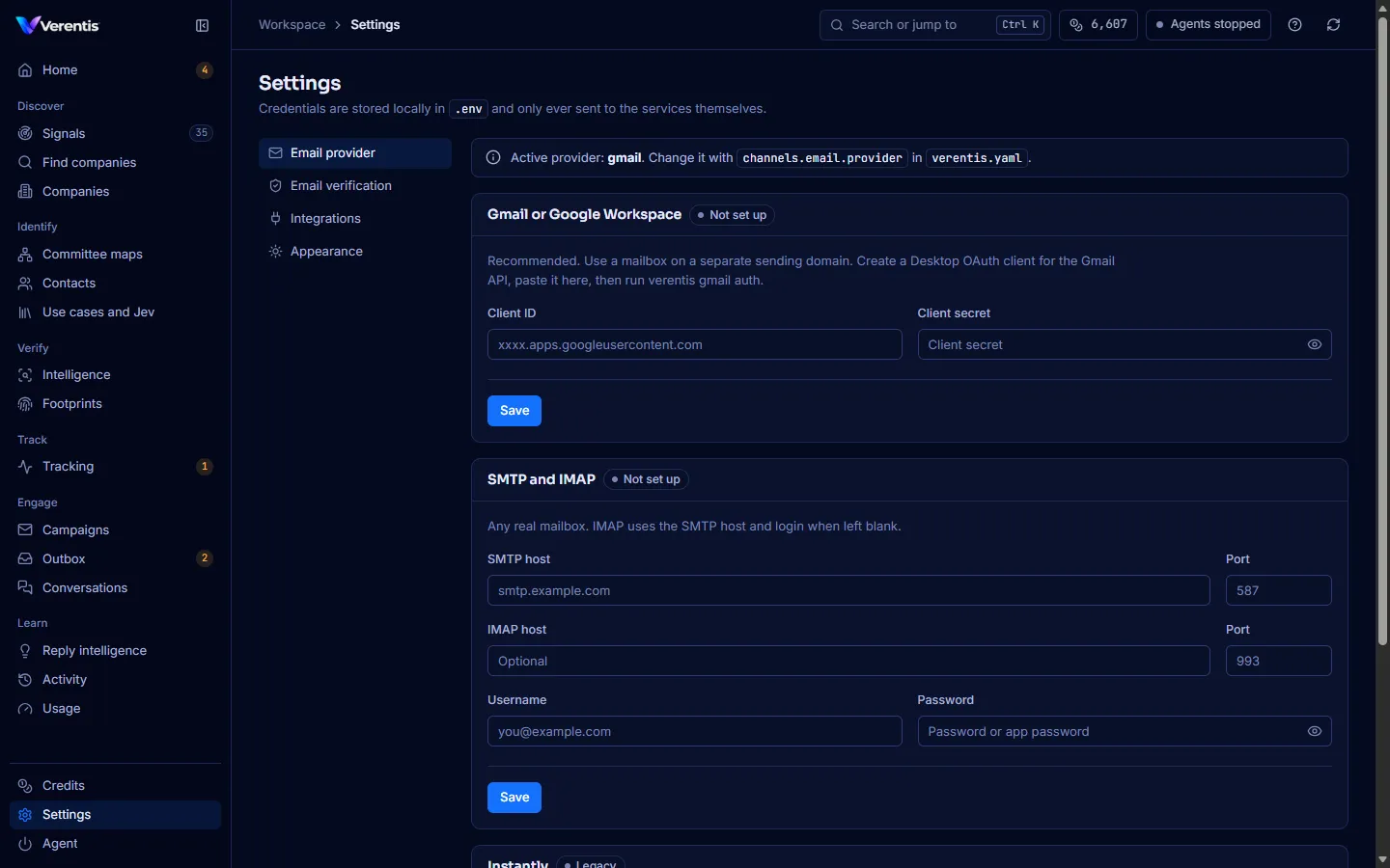 Settings, Email provider, with the Gmail and SMTP sections