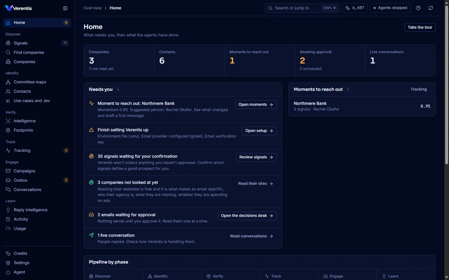 The Verentis Home page, with the items that need you and the pipeline by phase